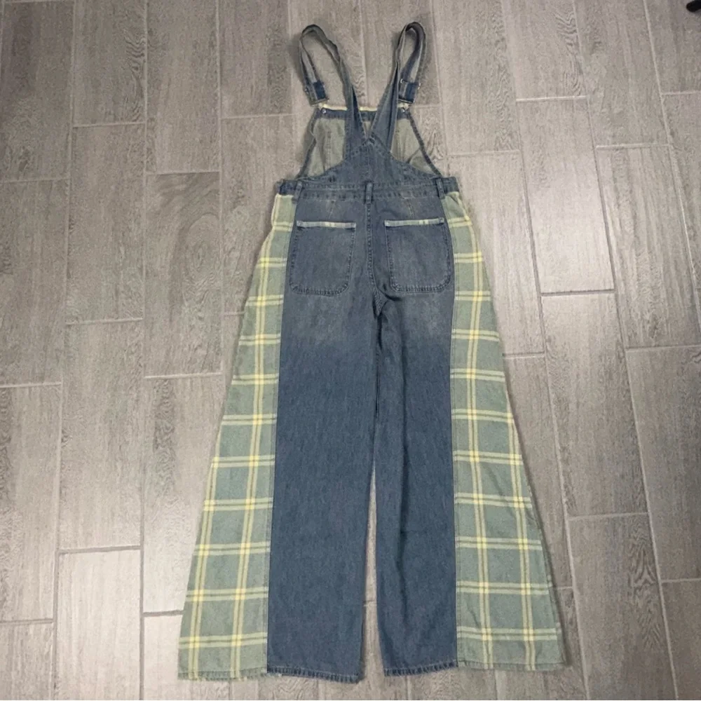 Aaron & Amber Bib Overalls Women’s Medium Blue Flare Plaid Denim Wide Leg